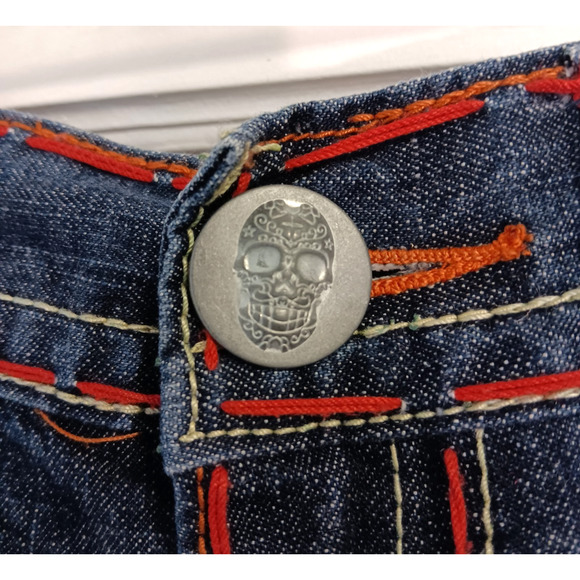 Vintage Y2K Bootcut Jeans 36 x 34 Skull Thick Stitch Embroidered Fading Whiskers - Picture 8 of 14